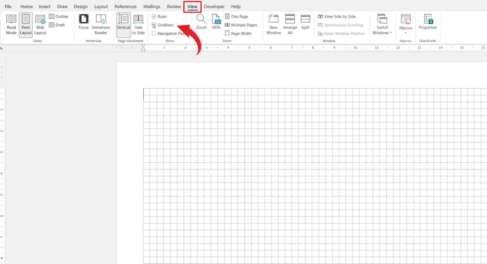 Word View tab Show group with Gridlines checkbox highlighted to remove gridlines in Word
