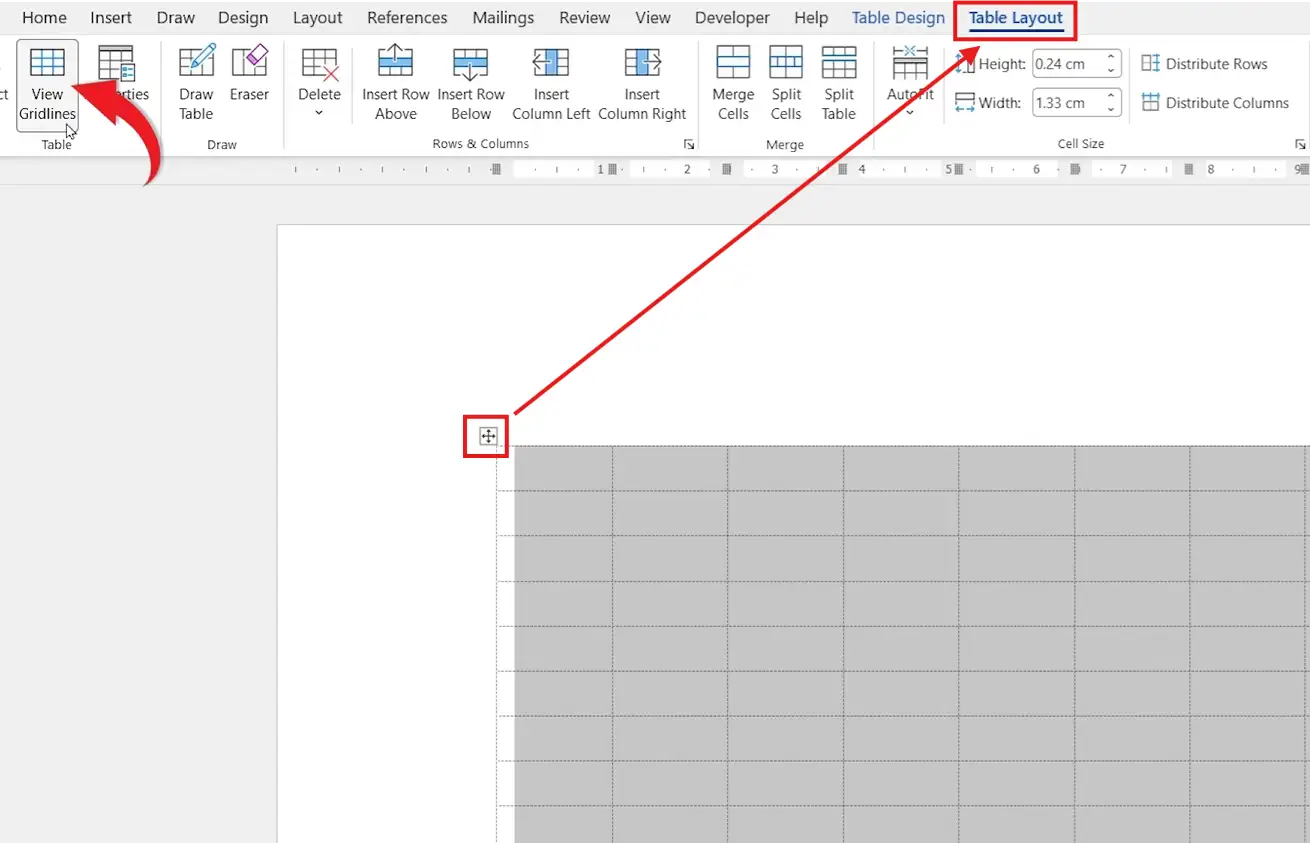 Word Table Layout tab with View Gridlines option highlighted showing a table with visible gridlines