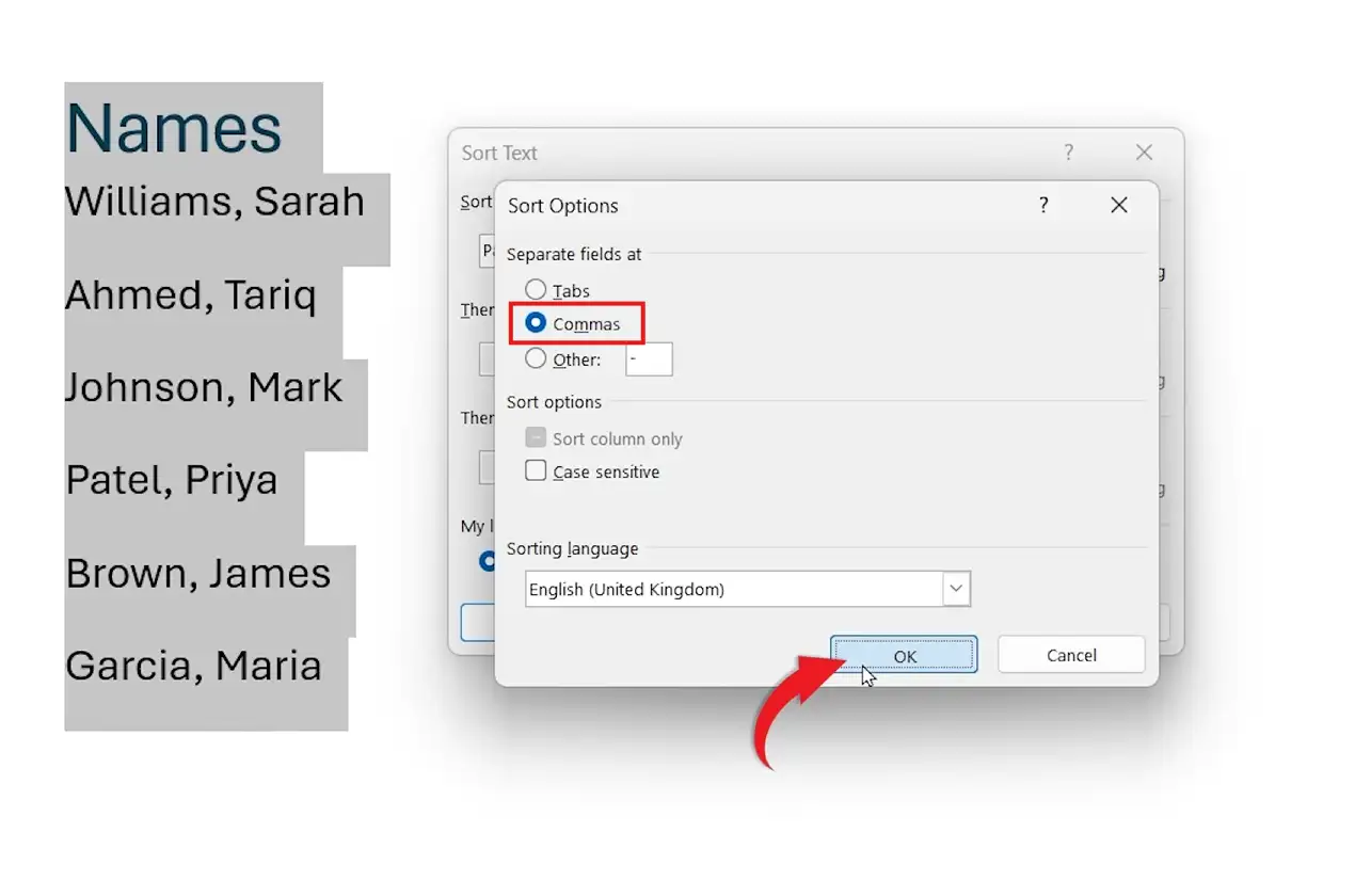 Sort Options dialog in Microsoft Word with Commas selected as field separator for sorting names