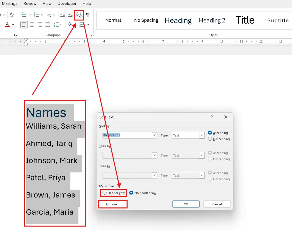 Sort names alphabetically in Microsoft Word using the Sort Text dialog with header row option