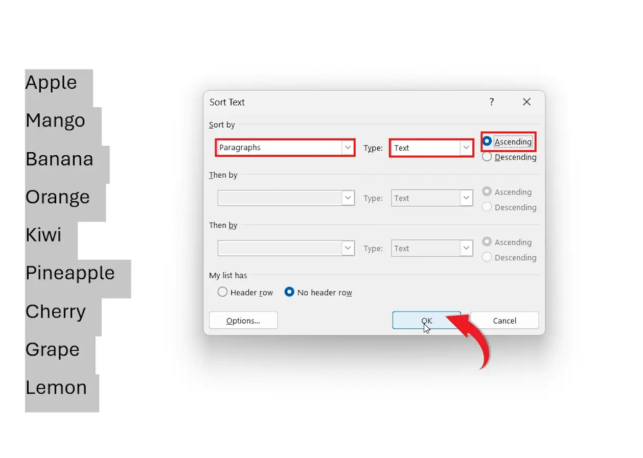 Sort Text dialog box in Microsoft Word with Paragraphs, Text, and Ascending options selected