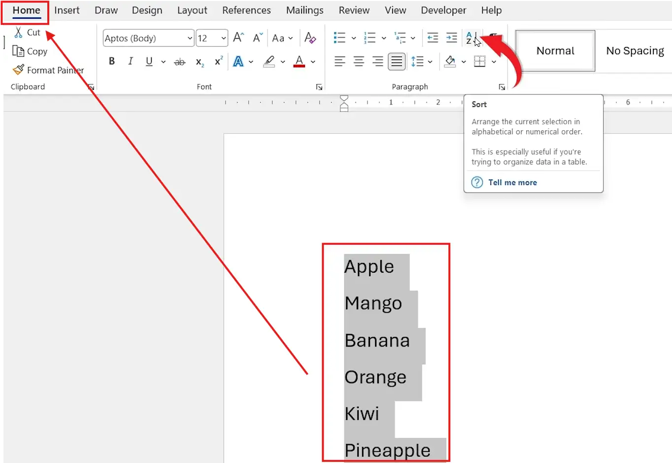 How to alphabetize text in Word - Home tab Sort A to Z button with a list of fruits selected