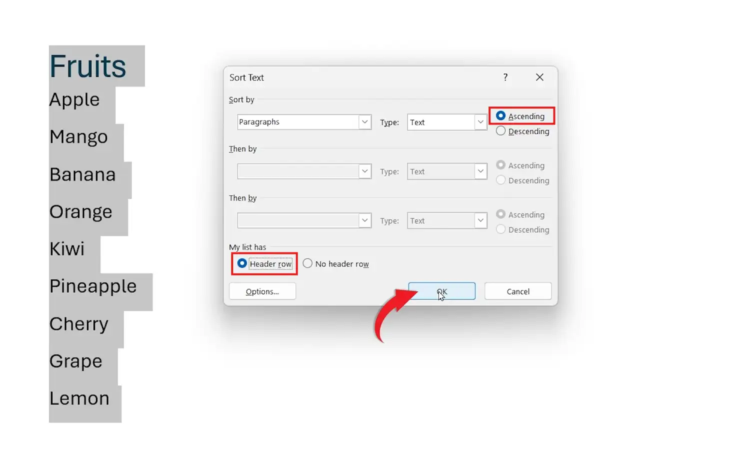 Sort Text dialog box in Microsoft Word with Ascending order and Header row option selected