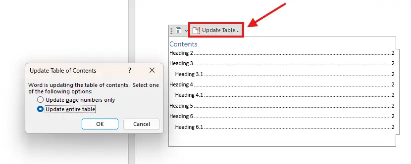How to update a table of contents in Word using the Update Table option and dialog box