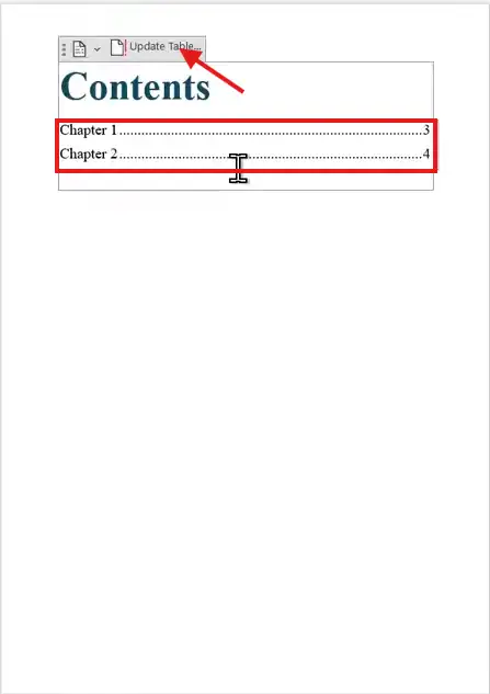Word table of contents showing Update Table for adding automatic chapters