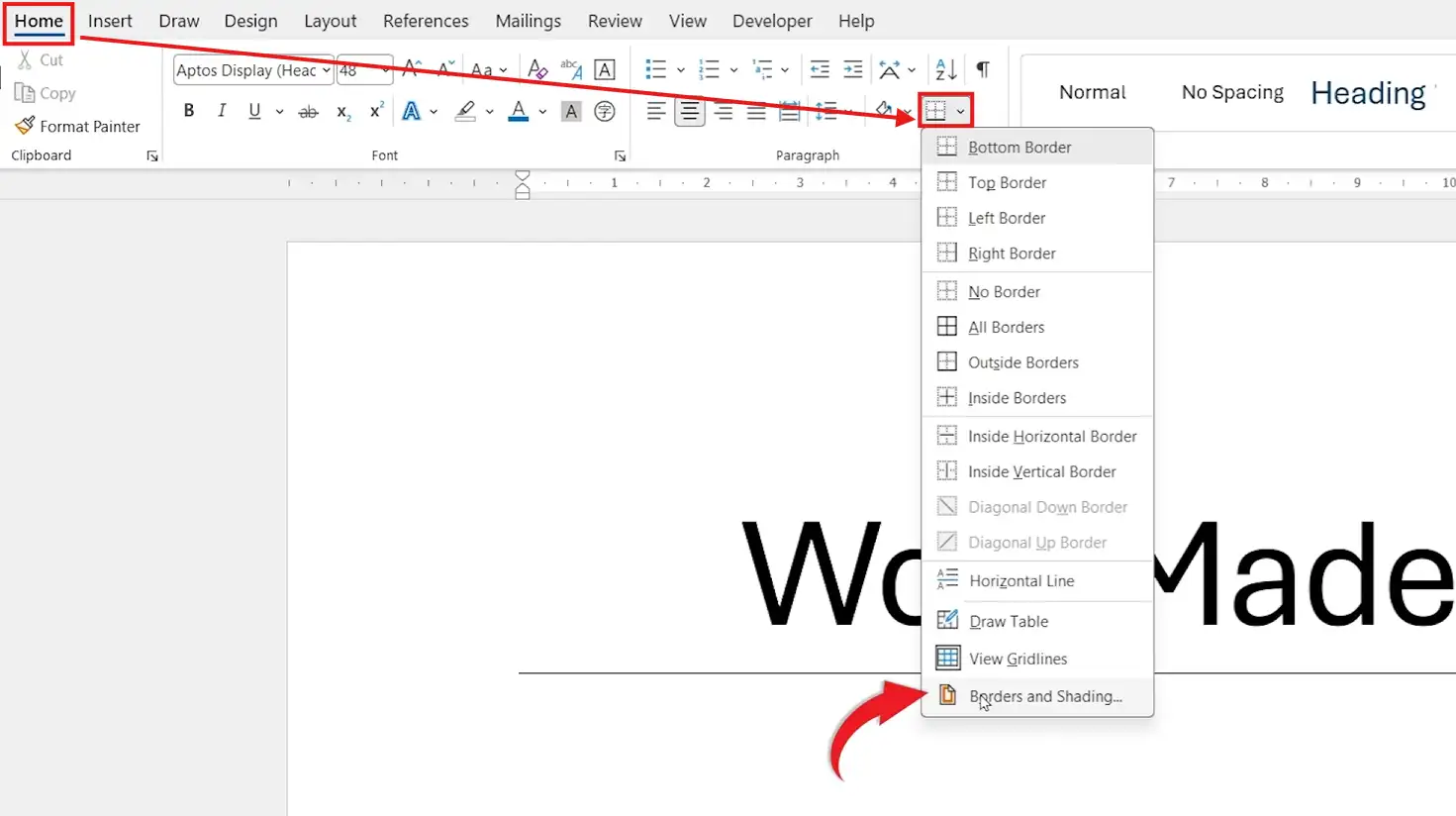 Microsoft Word Borders dropdown menu with Borders and Shading option highlighted for customising a bottom border