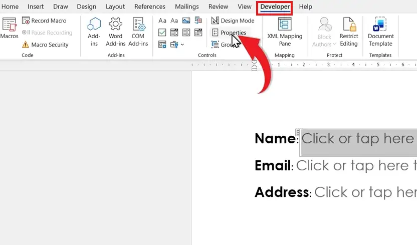 Developer tab settings to create a fillable form in Word
