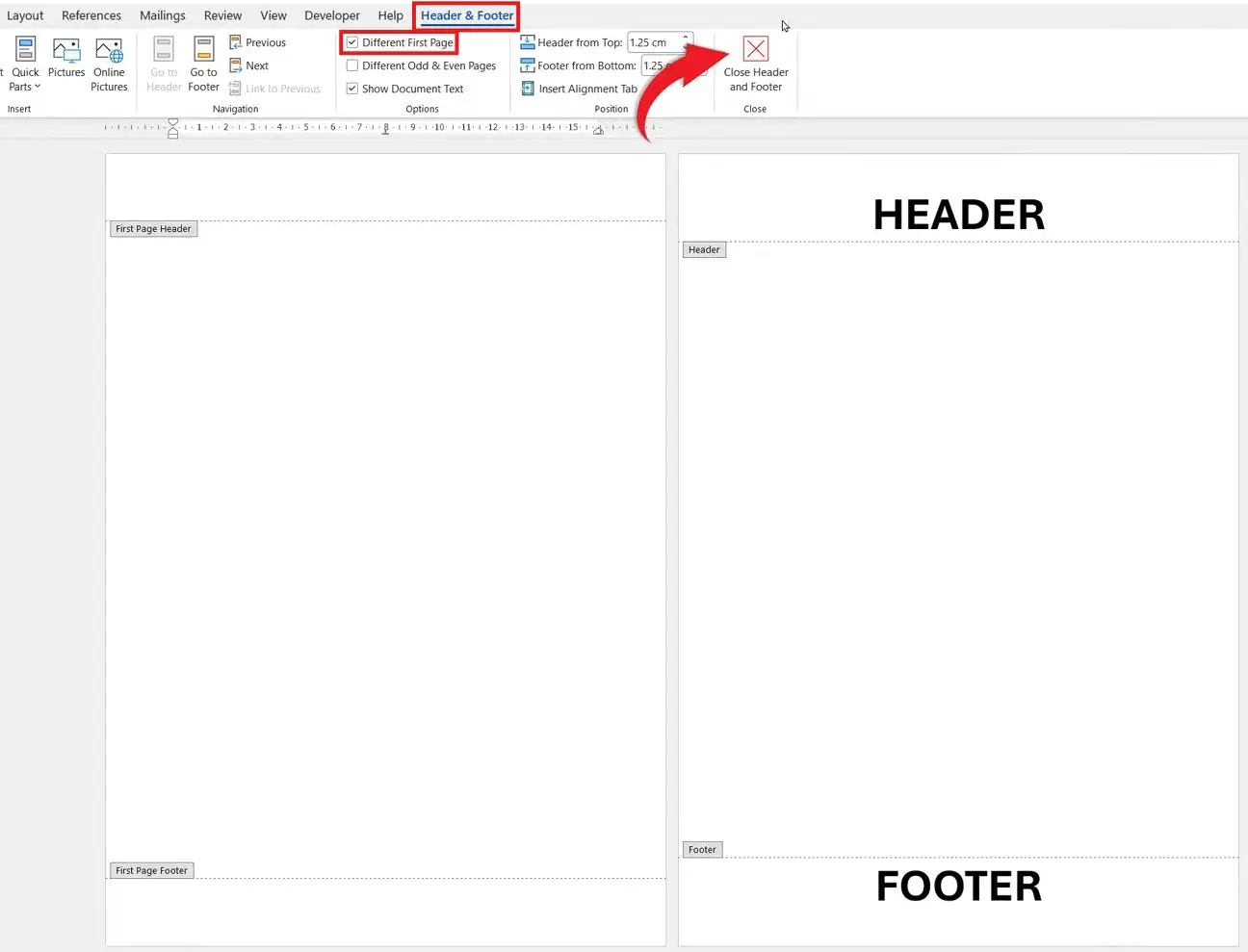 Microsoft Word Header and Footer tab with Different First Page enabled to remove headers and footers in Word from page one.