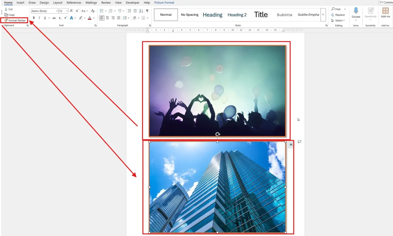 Format Painter in Word copying picture style and border formatting between two images side by side