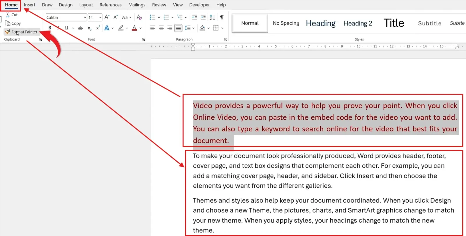 Word Home tab Format Painter button highlighted with arrows showing how to use Format Painter in Word