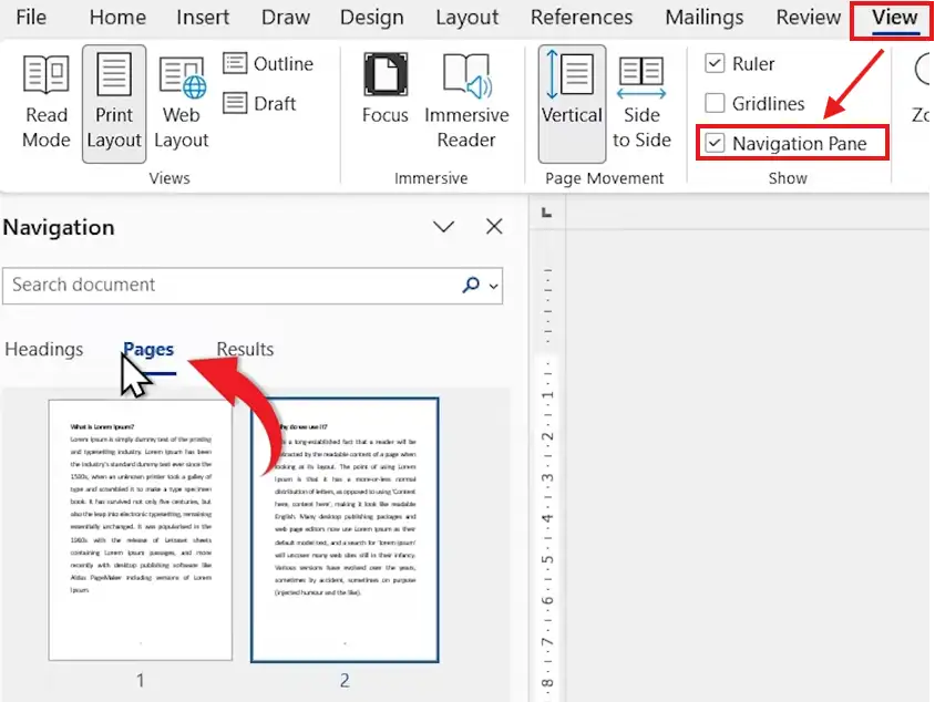 Verify page numbers in Word using the Navigation Pane