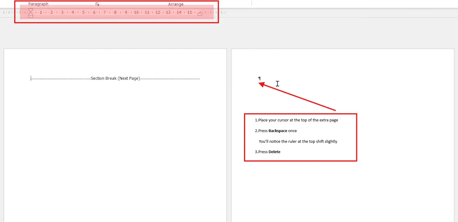 Word ruler showing the formatting shift that confirms a section break has been removed when deleting an extra page in Word