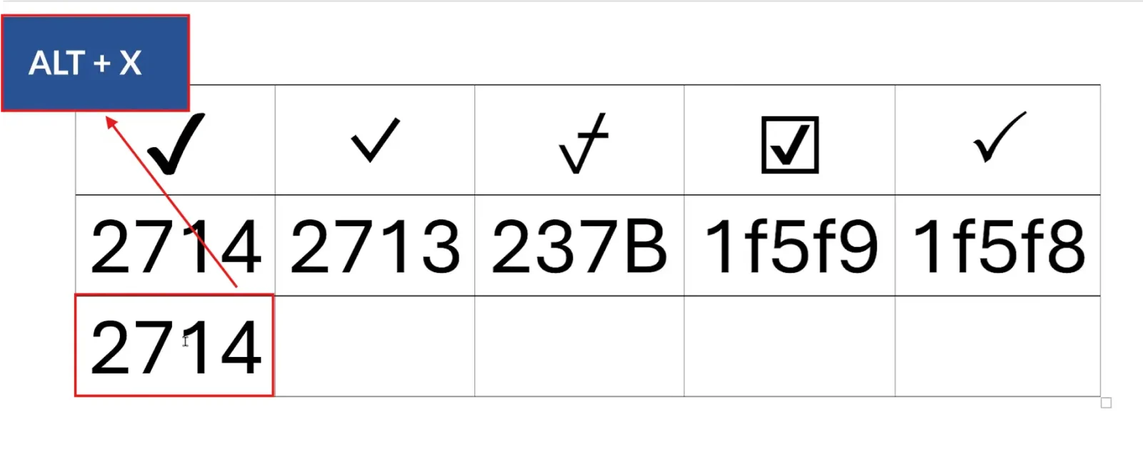 Word document showing Unicode 2714 converted into a check mark using Alt X to insert tick marks in Word