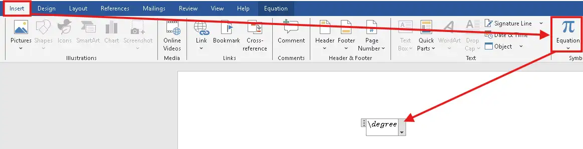 Microsoft Word Insert tab with the Equation button highlighted to insert a degree symbol in Word for maths