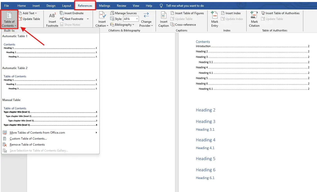 How to create a table of contents in Word using the References tab and Table of Contents dropdown menu