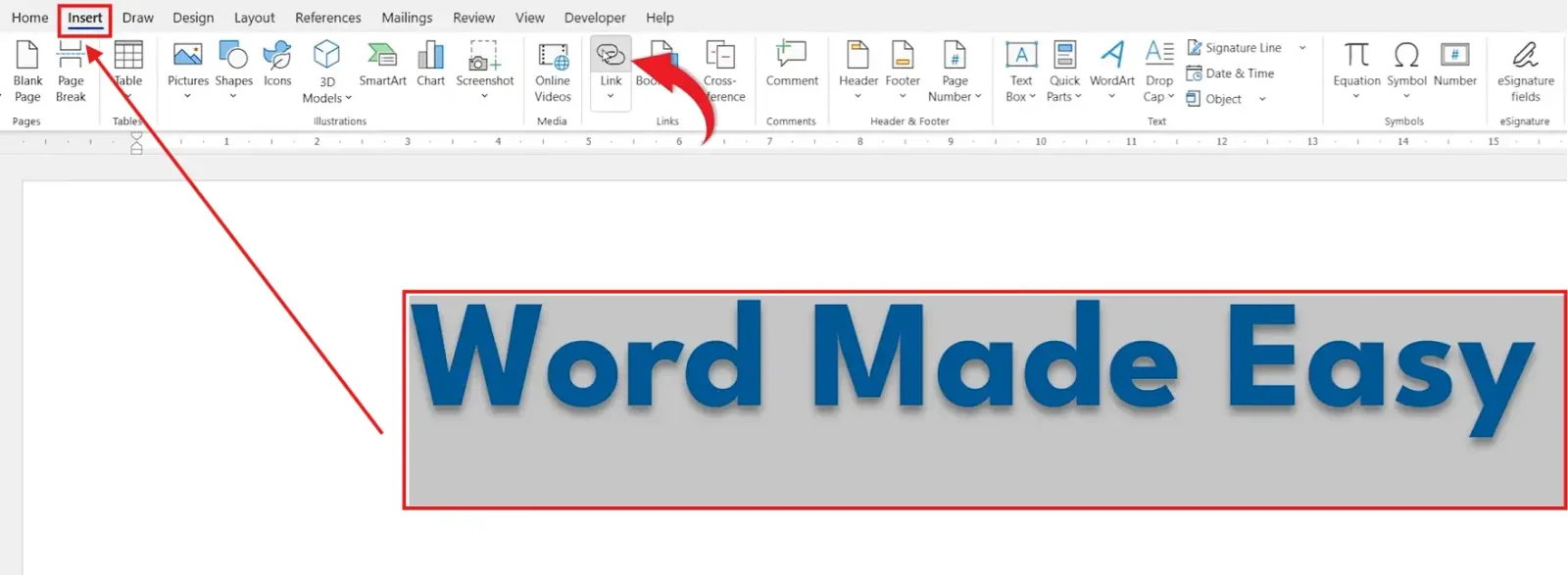 Word Insert tab with Link option highlighted on the ribbon for inserting a hyperlink