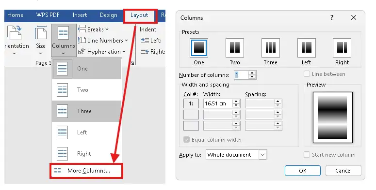 Word More Columns dialog showing custom width and spacing settings for page columns