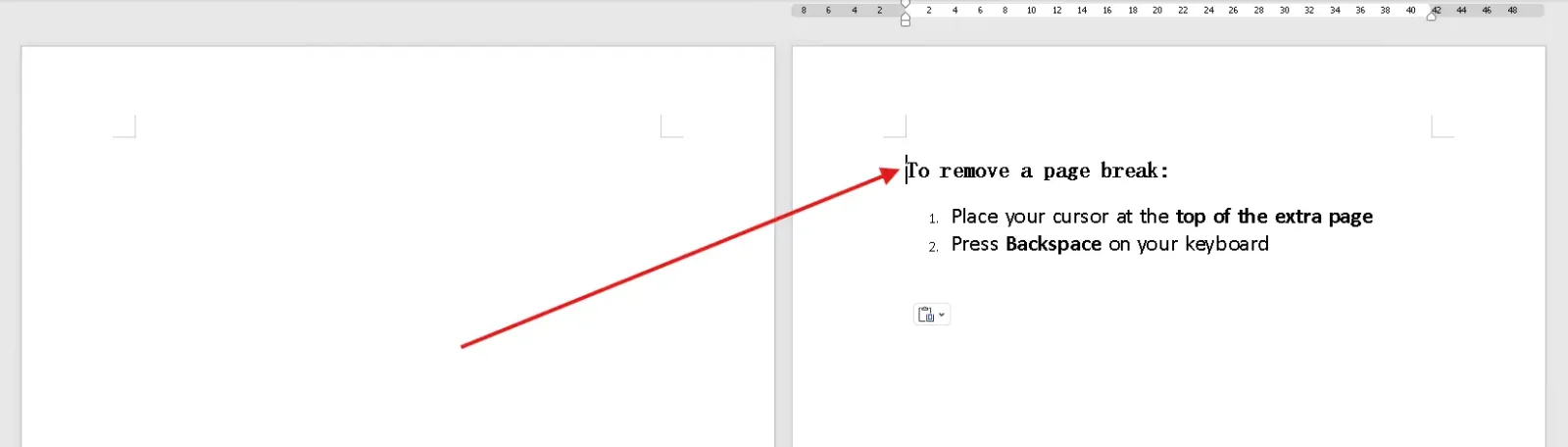 Word document showing page break removal using Backspace to delete an extra page in Word