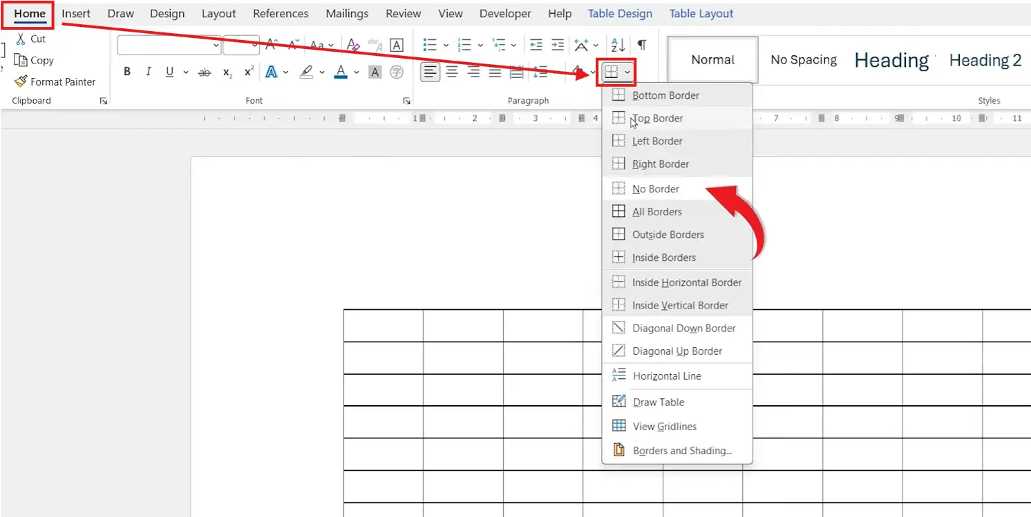 Word Home tab Borders dropdown showing No Borders option to hide table lines in a document