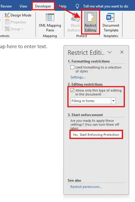 Restrict Editing to protect a fillable form in Word