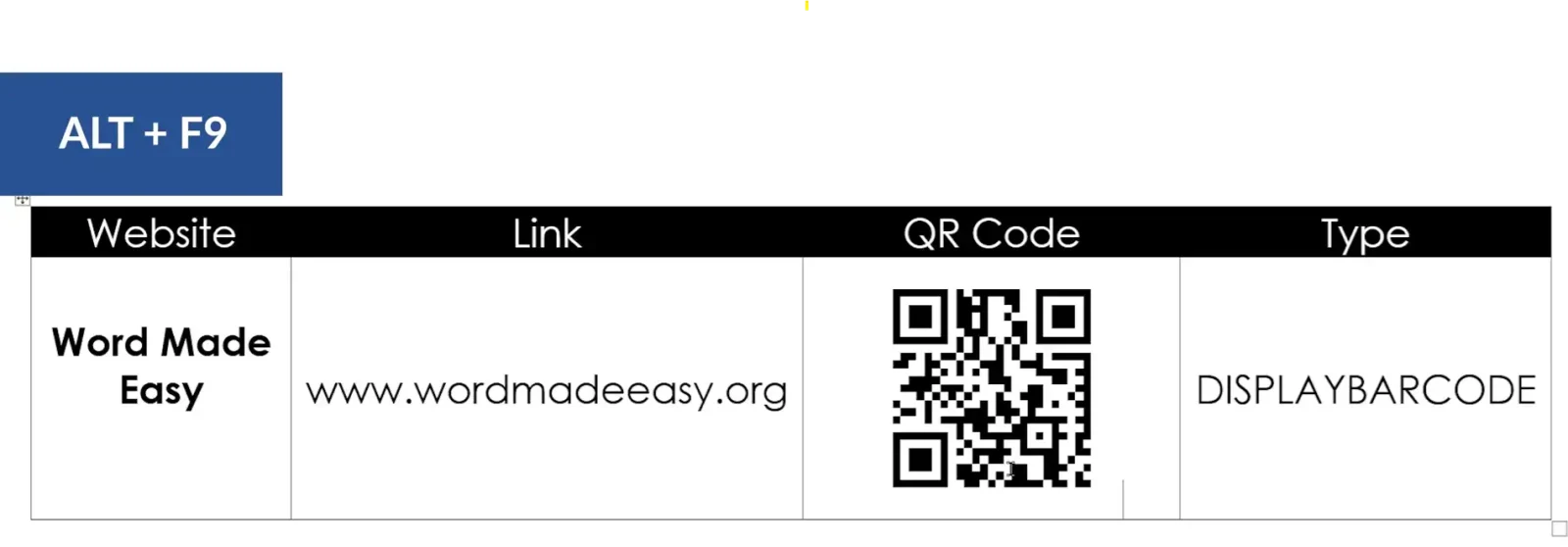 Microsoft Word document displaying a scannable QR code after using Alt F9 to toggle field codes