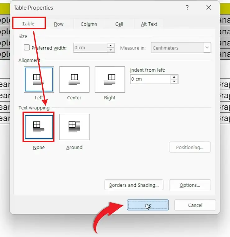 Set text wrapping to None to merge tables in Word