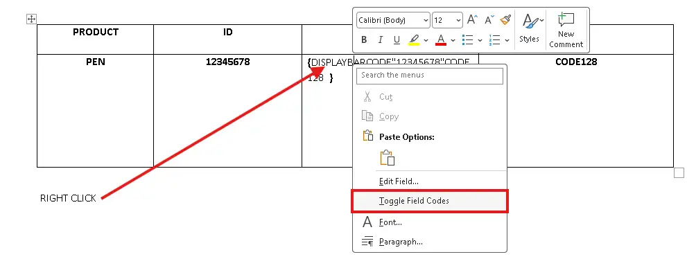 Microsoft Word right-click menu with Toggle Field Codes highlighted to edit and create barcodes in Word