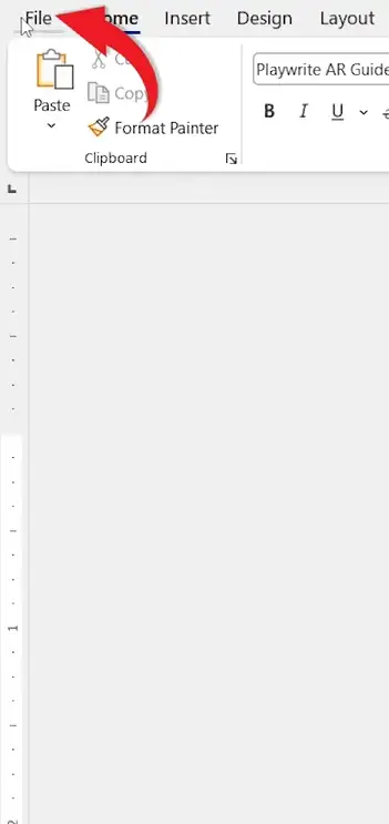 Microsoft Word ribbon with red arrow pointing to the File tab for creating a drop-down list in Word.