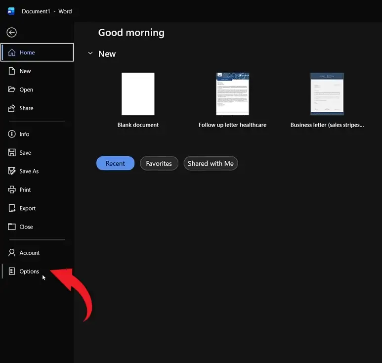 Word home screen Options button highlighted in the sidebar to access General settings for theme control