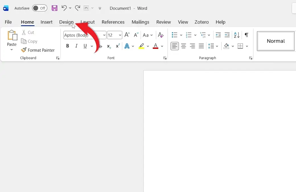 Microsoft Word ribbon showing Design tab highlighted with arrow for change background color in Word