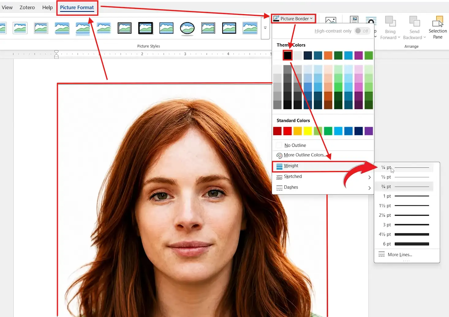 Microsoft Word Picture Border options showing a thin black ¼ pt cutting border on an ID photo