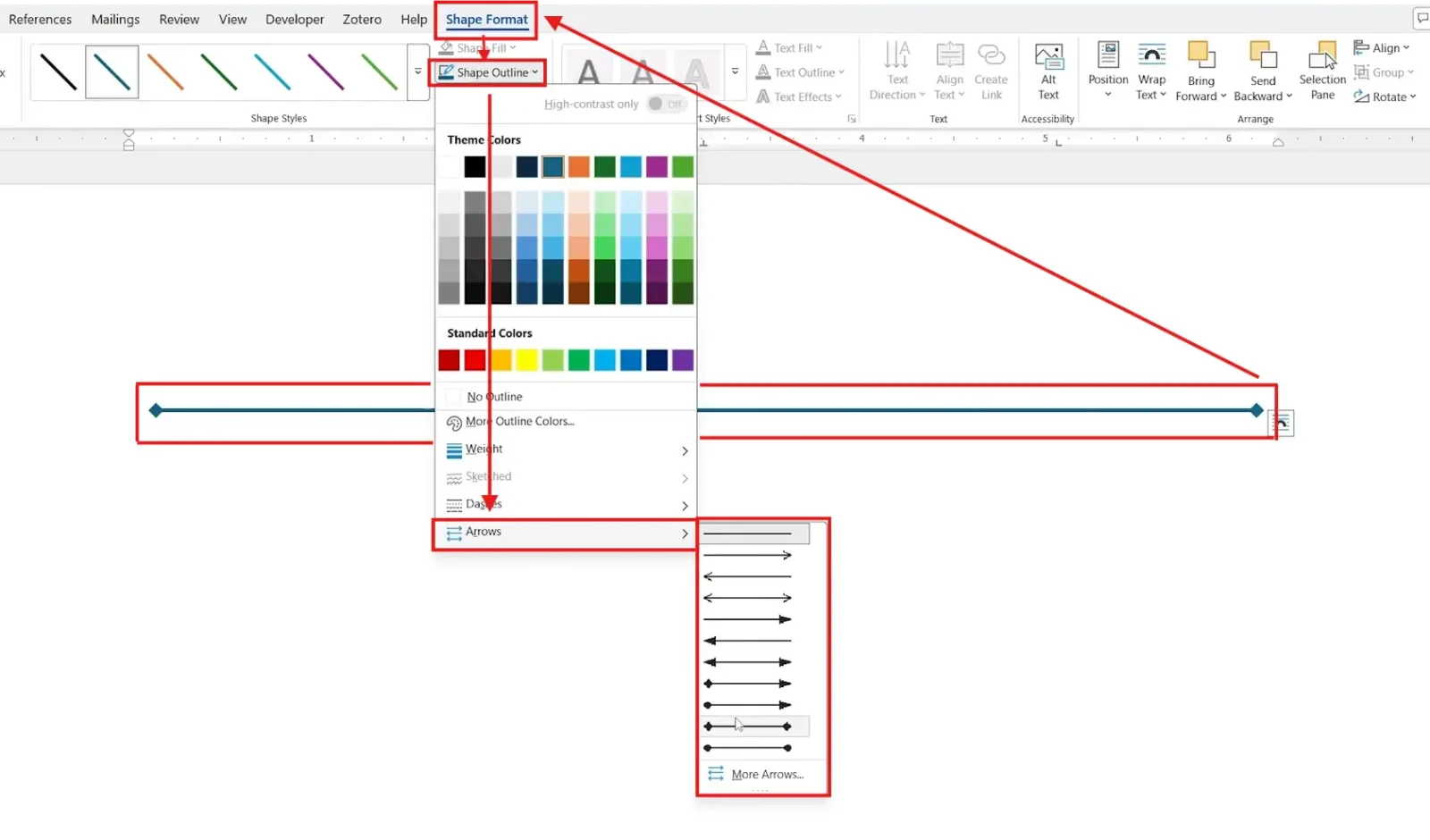 Microsoft Word Shape Format menu showing Shape Outline arrowhead options for inserting arrows in Word.