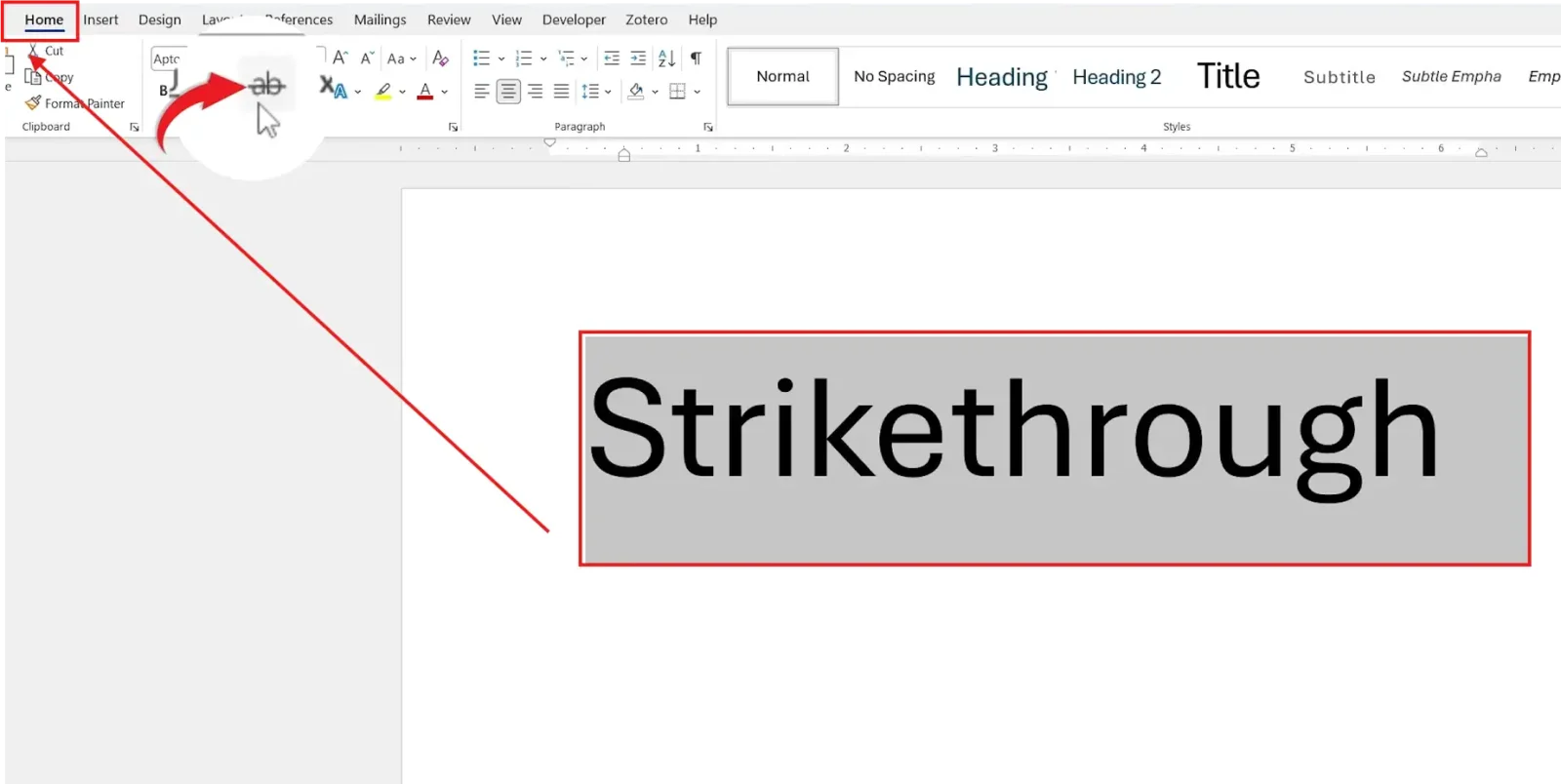 Microsoft Word Home tab showing the Strikethrough button in the Font group for strikethrough in Word.