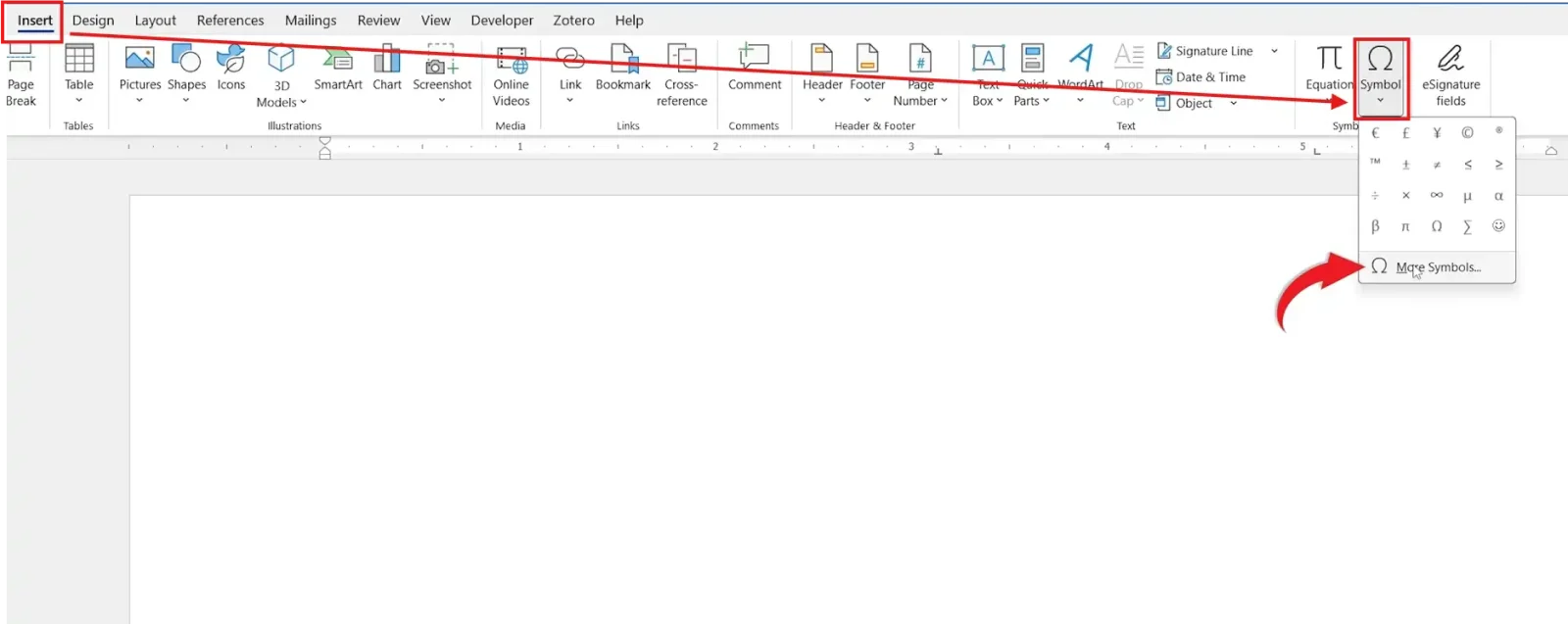 Microsoft Word Insert tab Symbol menu for inserting arrow symbols into a document.