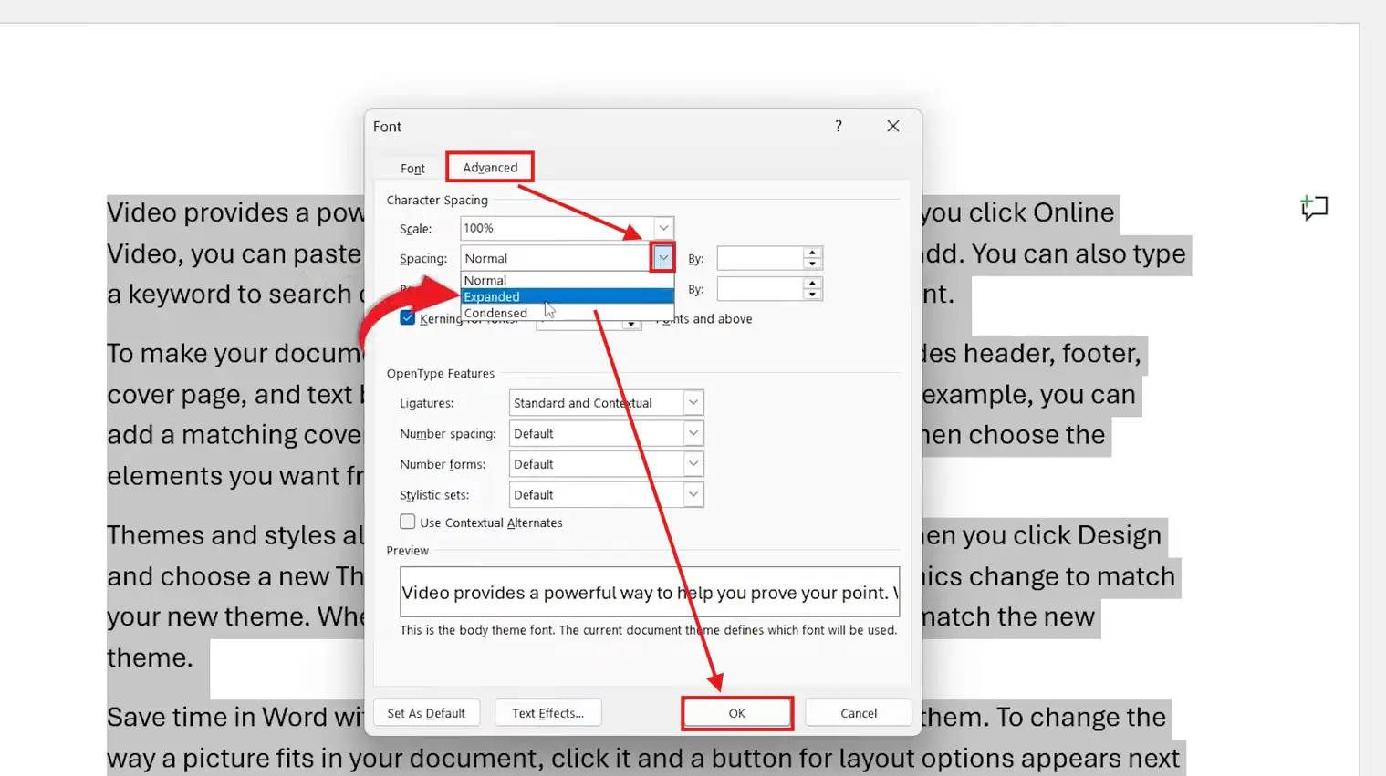 Microsoft Word Advanced Font dialog showing Expanded character spacing applied to change letter spacing in Word