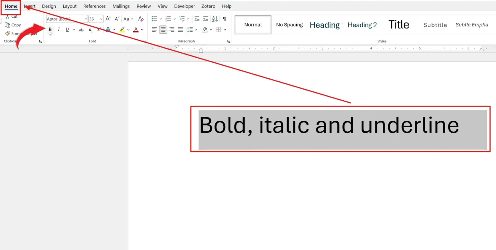 Microsoft Word Home tab Font group showing bold italic and underline in Word buttons.