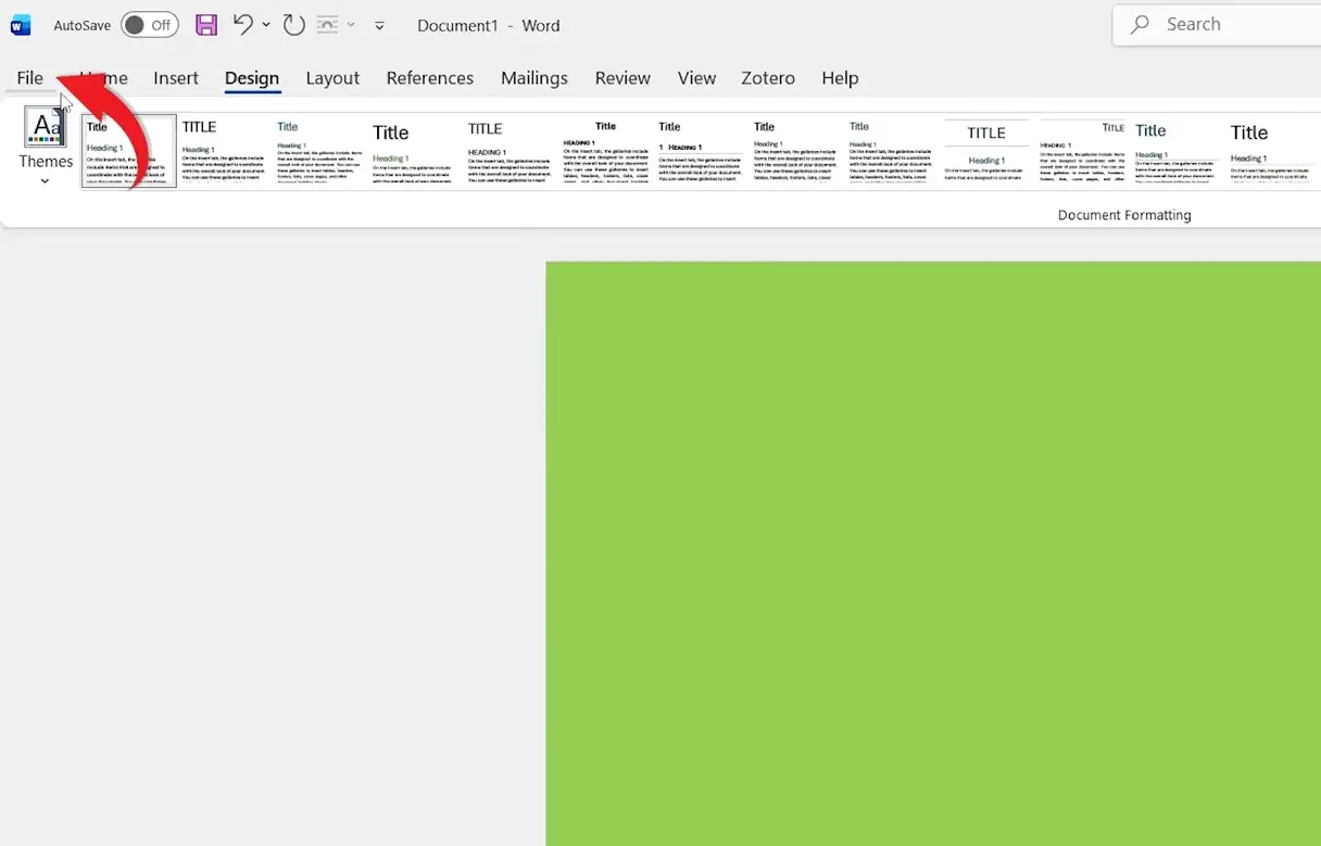 Microsoft Word Design tab with a green page preview showing custom background colour applied