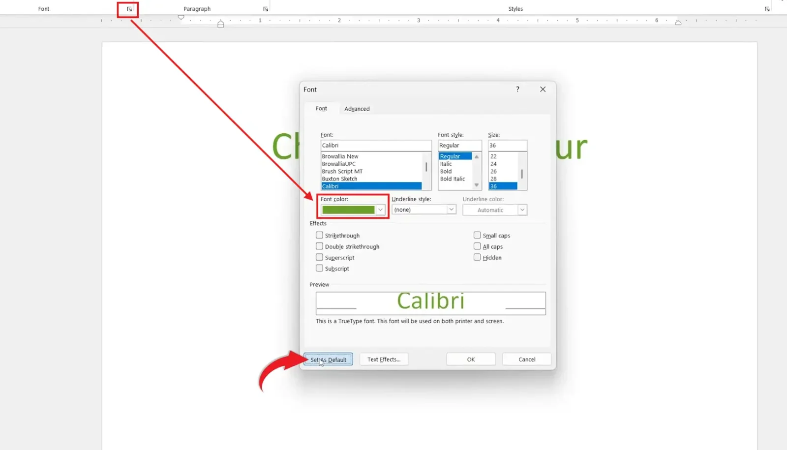 Microsoft Word Font dialog box showing colour selection for how to change font color in Word.