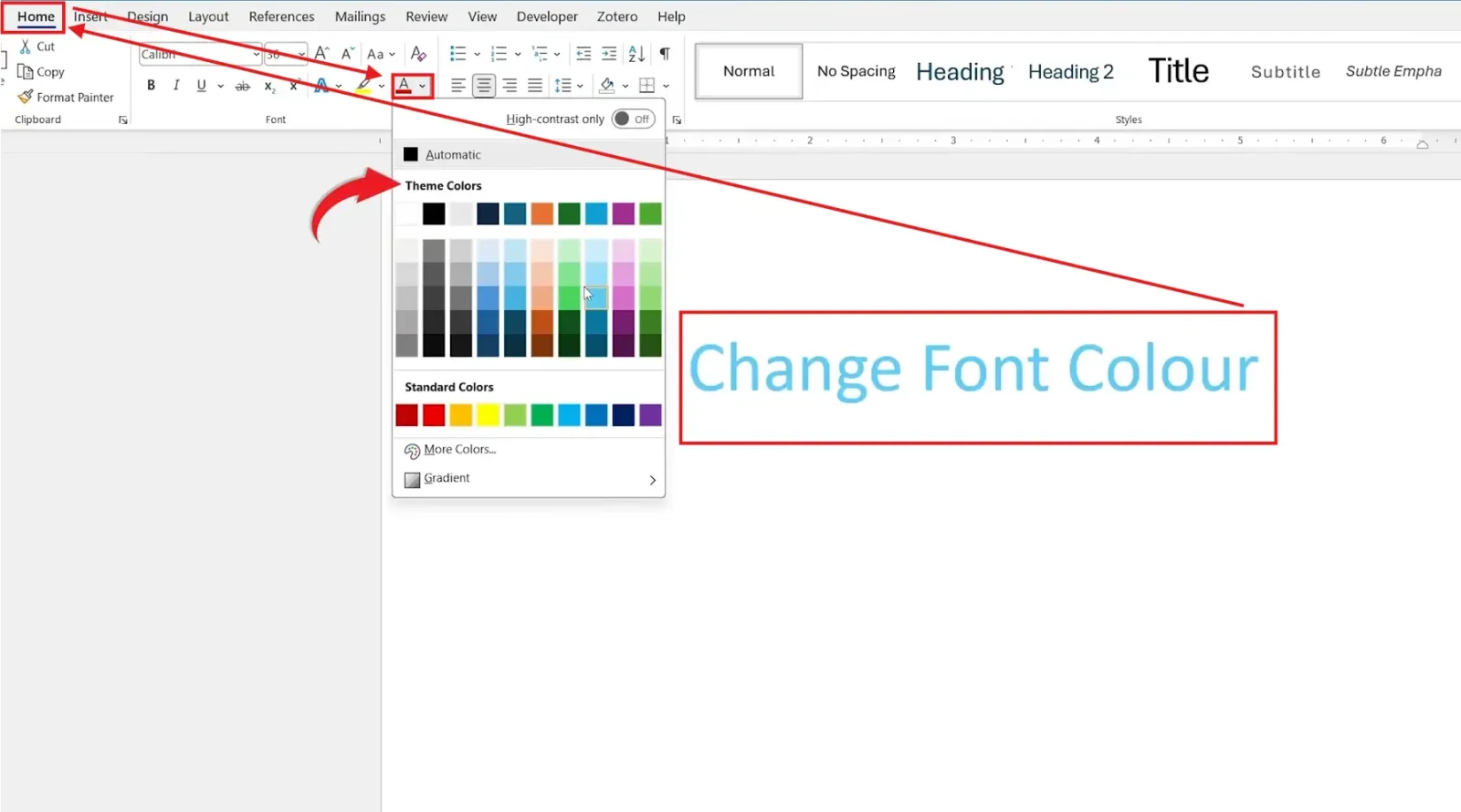 Microsoft Word Home tab showing the Font Color menu for how to change font color in Word.