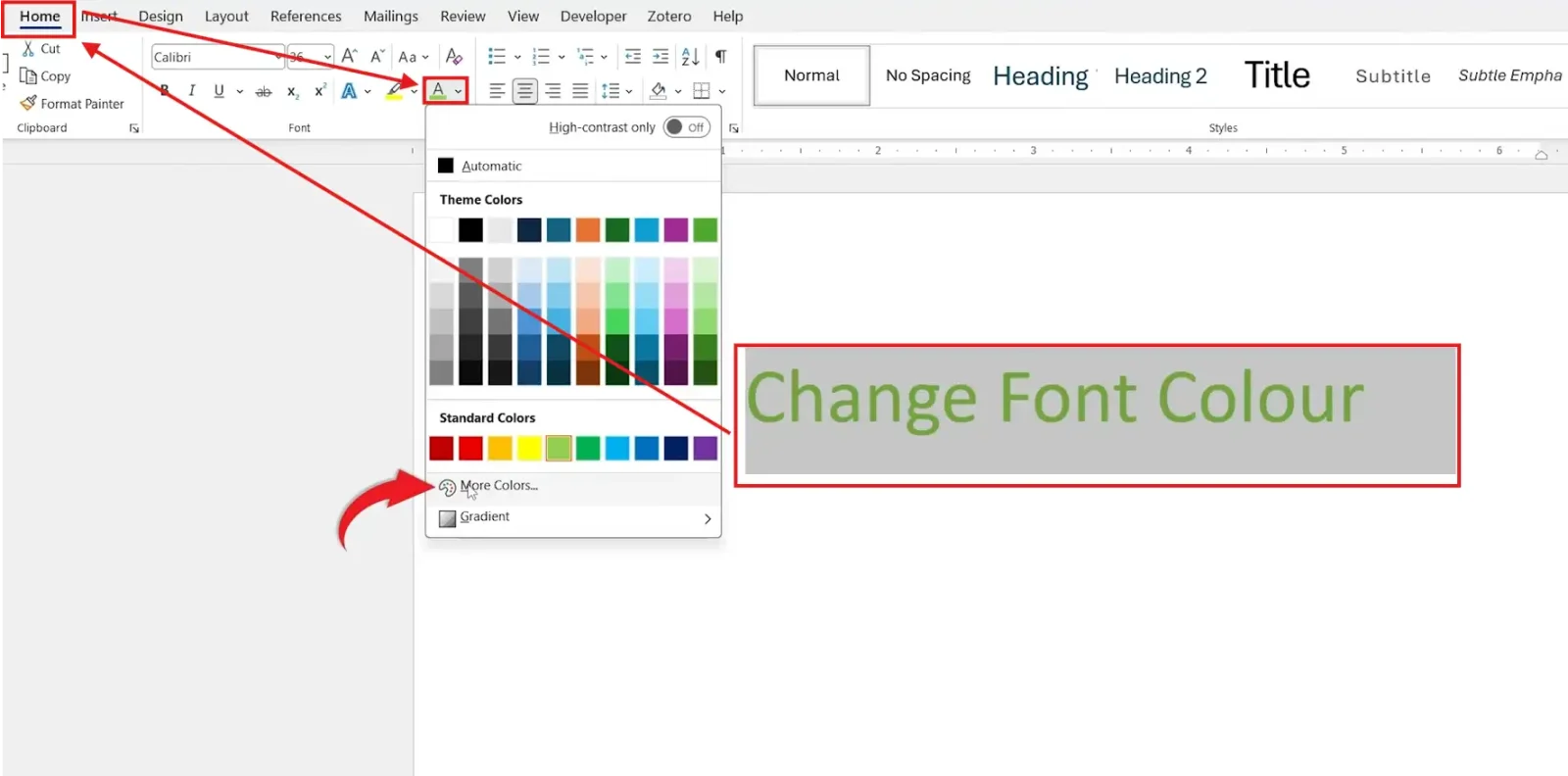 Microsoft Word Home tab font colour dropdown with the More Colors option open.