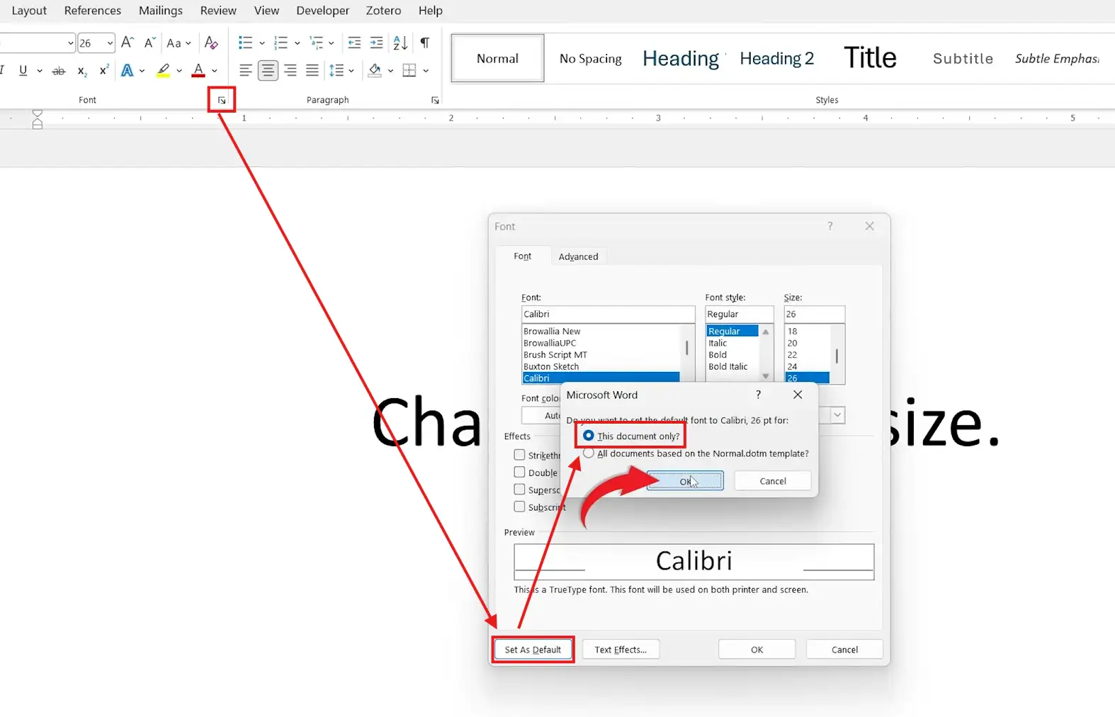 Microsoft Word Font dialog box with Set As Default selected to change font size in Word permanently.