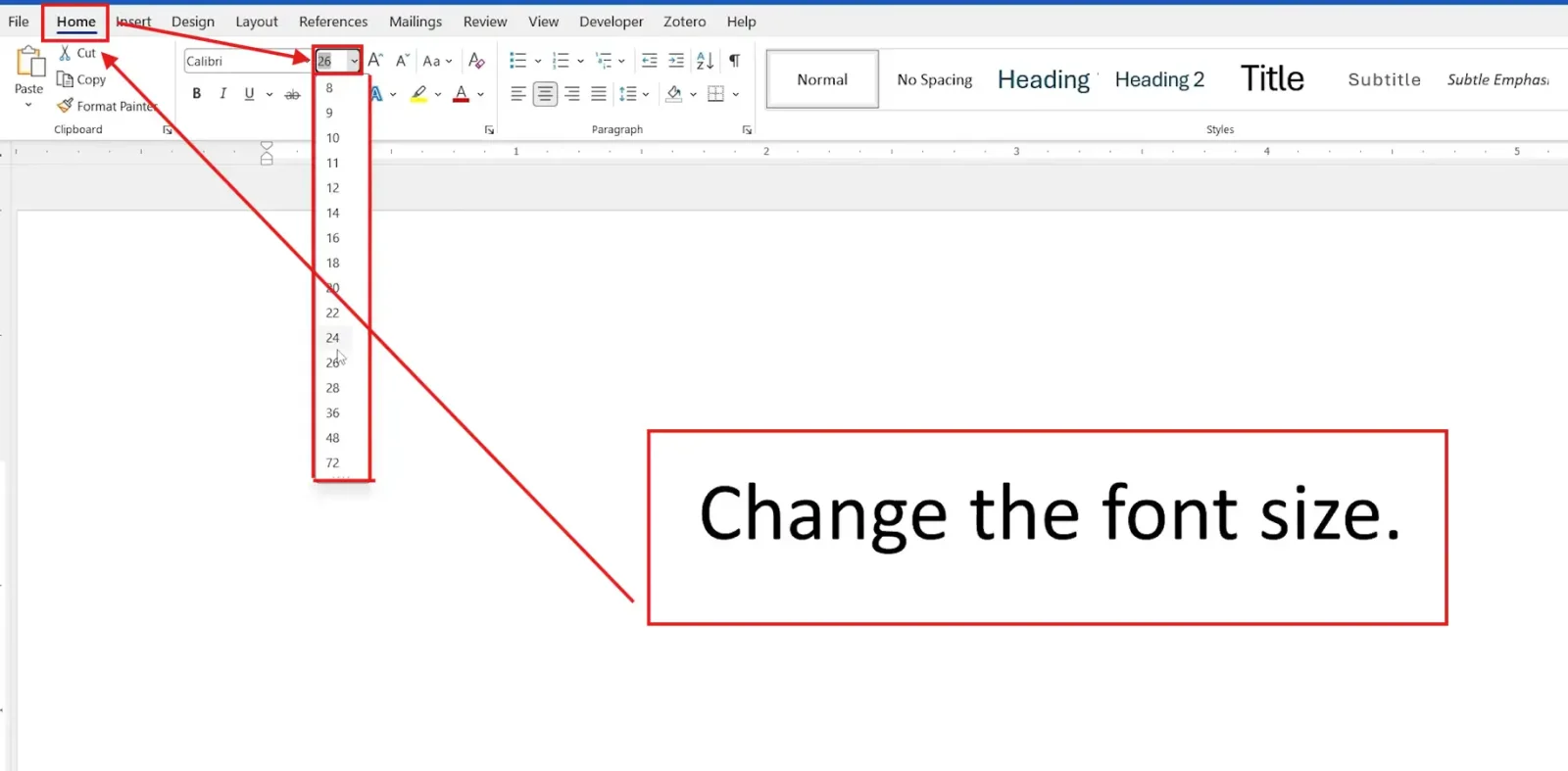 Microsoft Word Home tab showing the font size dropdown menu to change font size in Word.