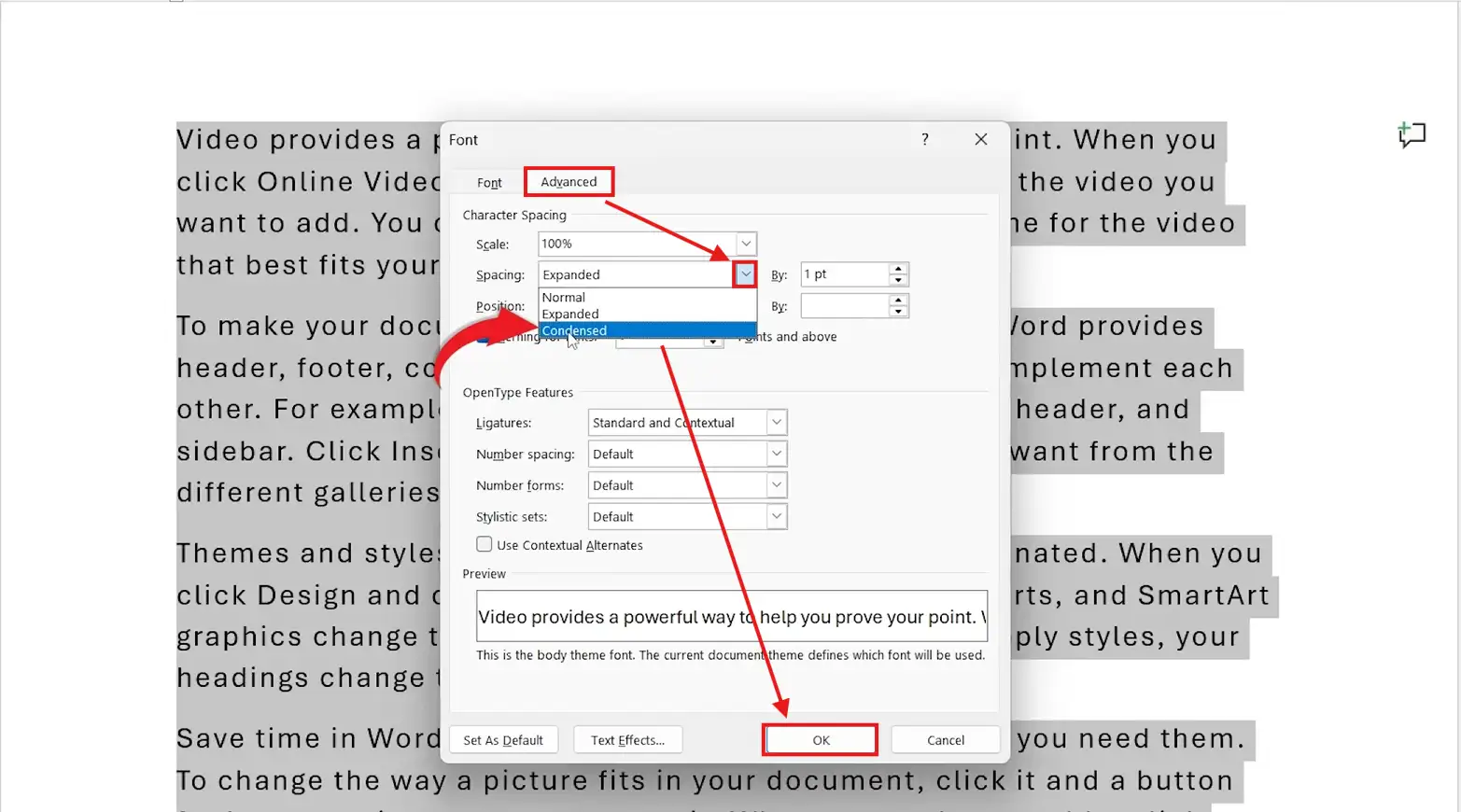 Microsoft Word Advanced Font dialog showing Condensed character spacing settings to change letter spacing in Word