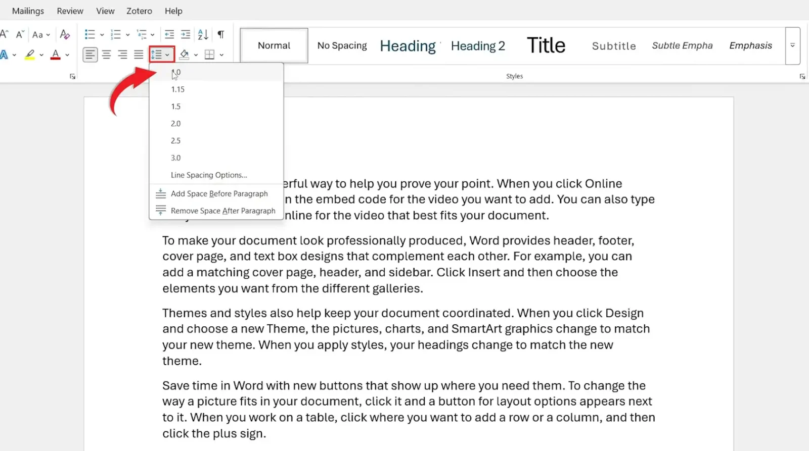 Microsoft Word Home tab Line and Paragraph Spacing dropdown showing how to single space in Word by selecting 1.0