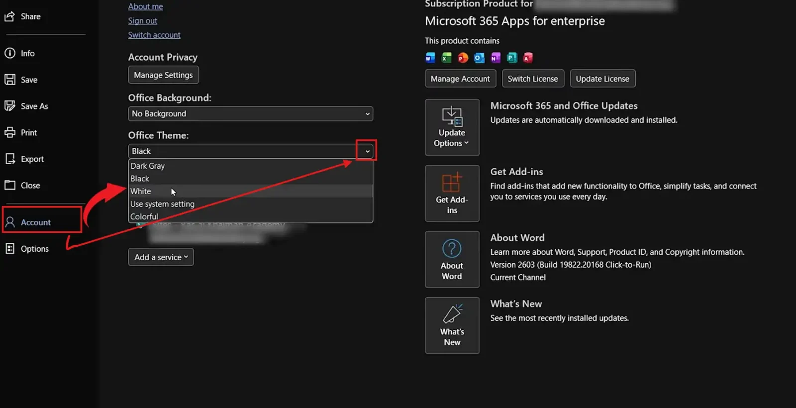 Word Account settings Office Theme dropdown set to White to turn off dark mode in Word interface