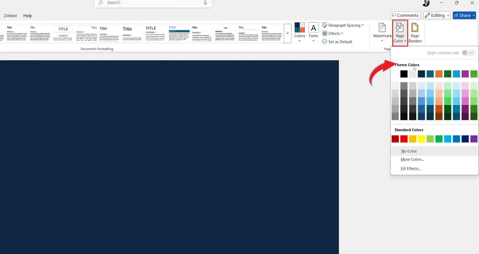 Microsoft Word Page Color palette open showing theme and standard colour options with arrow pointing to the selection menu