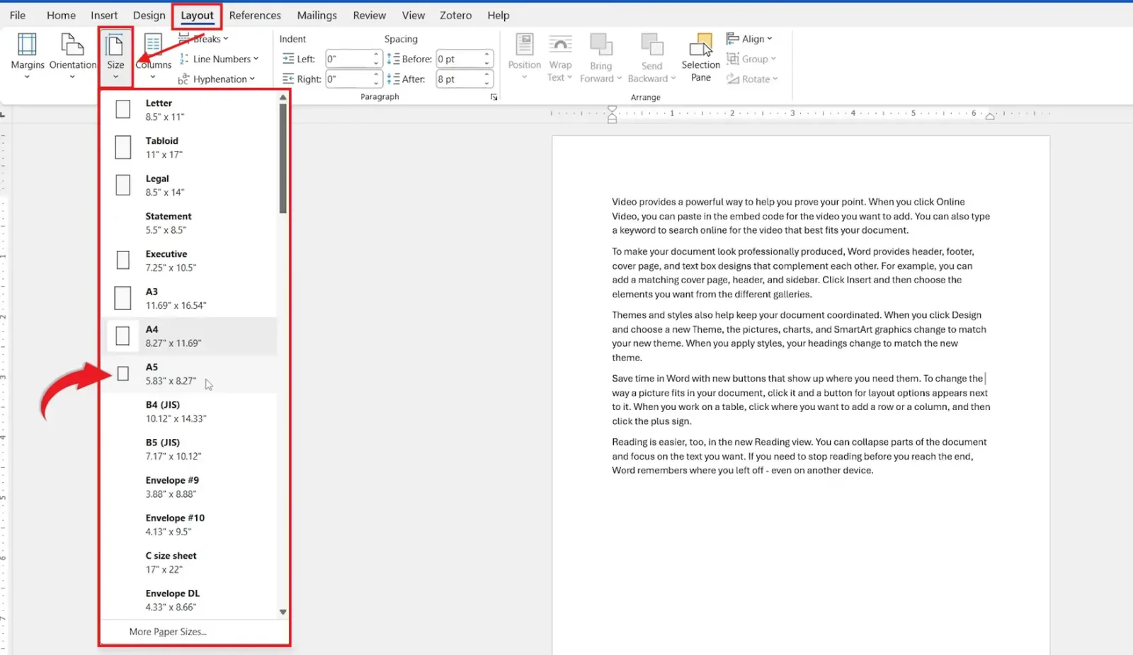 Microsoft Word Layout tab Size dropdown showing A4, A5, Letter, Legal, and custom paper sizes for changing page size in Word.