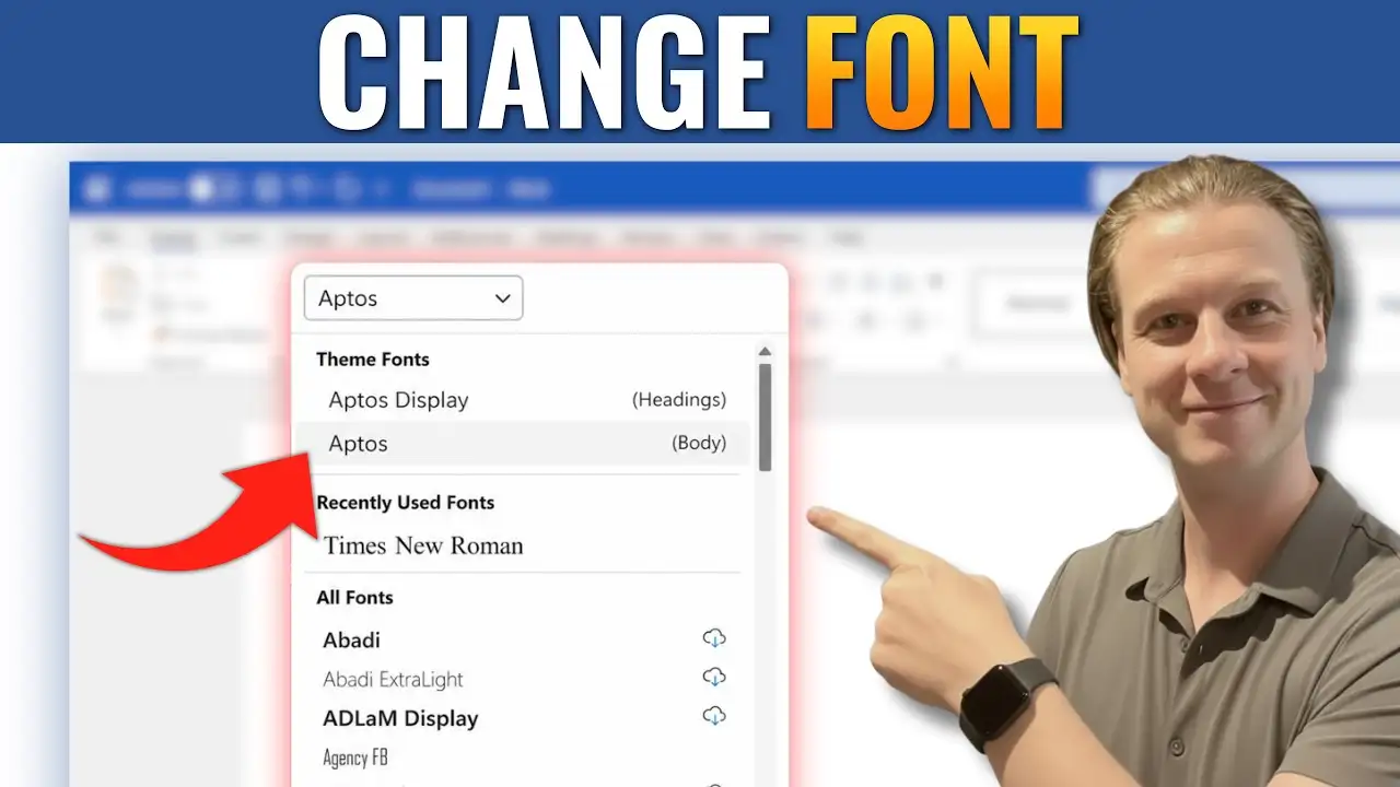 Person pointing at the font selection menu in Microsoft Word showing how to change fonts and text styles