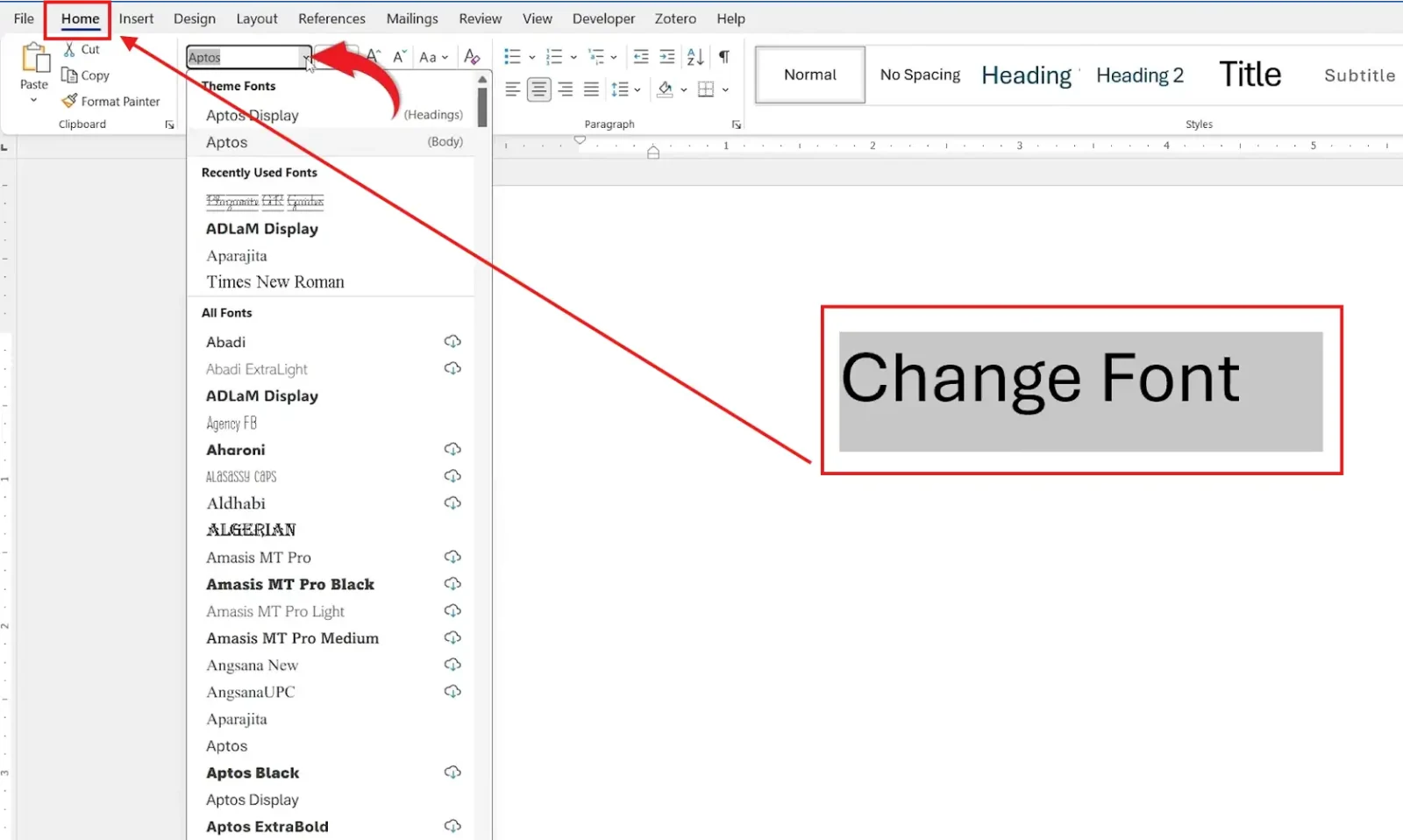 Microsoft Word Home tab showing the Font dropdown menu for how to change the font in Word.