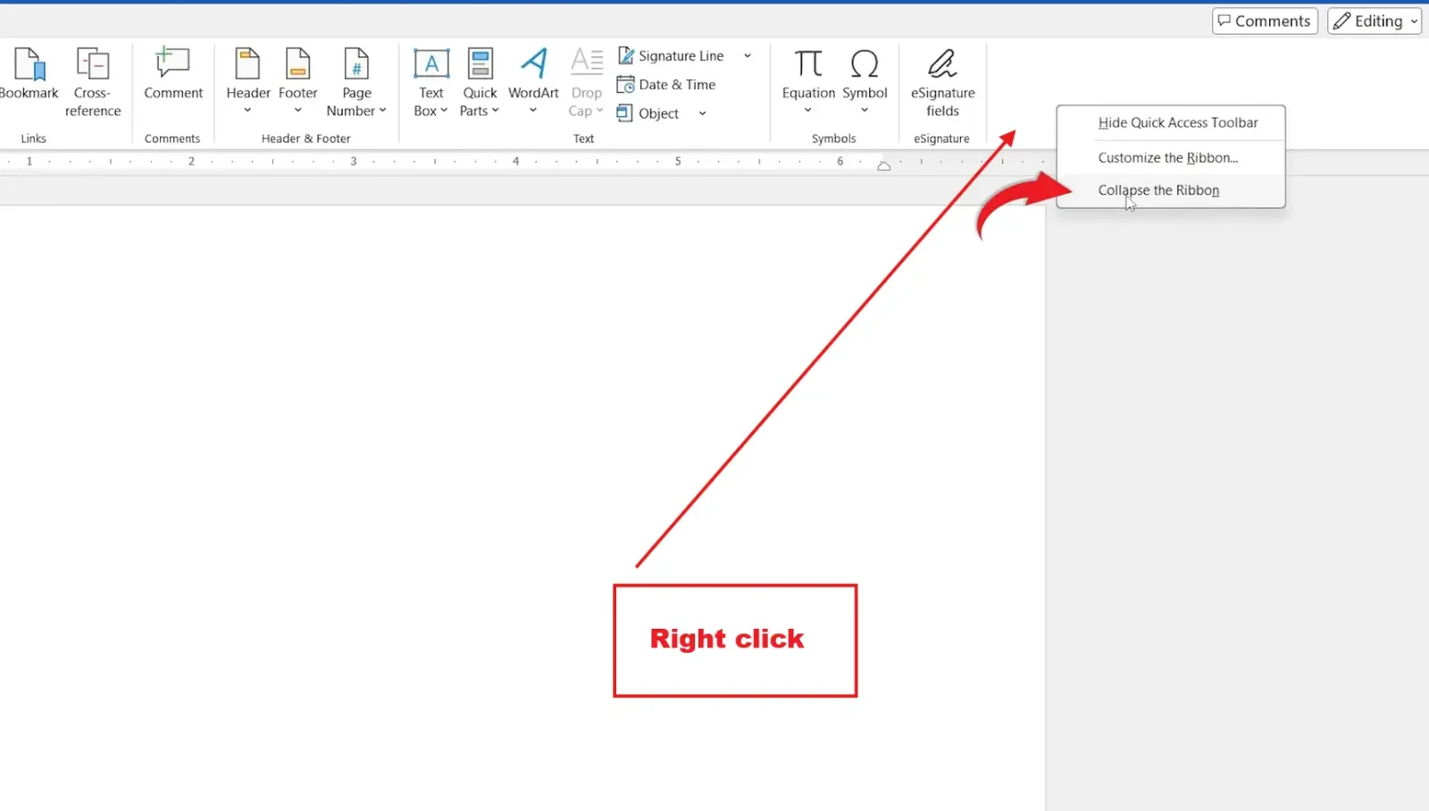 Microsoft Word right-click context menu with Collapse the Ribbon option highlighted to hide the Ribbon in Word.
